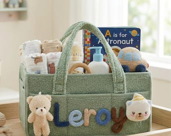 Organizador de fraldas personalizado com nome, cesto de armazenamento para bebê personalizado, organizador de berçário de pelúcia com divisórias, presente para chá de bebê, presente para recém-nascido