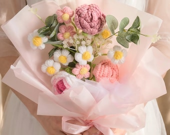 Ramo de flores de ganchillo para graduación, ramo de rosas tejido a mano para graduados, arreglo floral eterno, regalo de felicitación para graduados, decoración para dormitorios