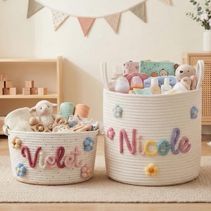 Personalized Basket for Kids, Custom Name Toy Basket, Handmade Cotton Nursery Storage Bin, Baby Shower Gift, Room Decor