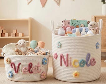 Personlig korg för barn, lekkorg med eget namn, handgjord bomullsförvaringslåda för barnkammaren, babyshowerpresent, rumsdekor