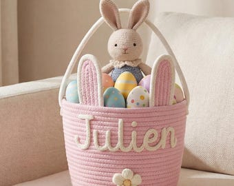 Personalized Easter Basket With Name, Bunny Ears Cotton Rope Basket, Custom Egg Hunt Gift for Kids, Baby First Easter Keepsake