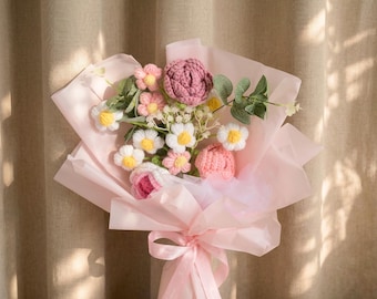 Crochet Flower Bouquet Handmade Gift, Knitted Rose Bouquet For Her, Forever Flower Arrangement For Mom, Teacher, Birthday, Home Decor