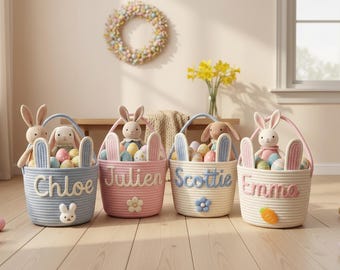 Custom Easter Basket With Name, Handmade Bunny Cotton Rope Bucket, Kids Egg Hunt Treat Holder, Baby First Easter Gift