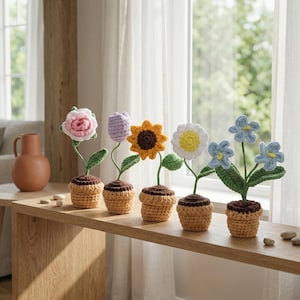 Crocheted Forget-Me-Not Plant Pot | Light Yarn Flower Desk Decor