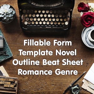 Puede incluir: Una máquina de escribir antigua, una cámara y gafas descansan sobre una superficie de madera. La imagen incluye una suculenta, rosas y una taza de café. El texto en la imagen dice: "Fillable Form Template Novel Outline Beat Sheet Romance Genre."
