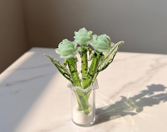 Glass Rose Flower Figurine, Eternal Floral Bouquet Decor, Romantic Gift for Her, Desk Shelf Home Accent
