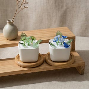 Mini Faux Flower Pot Ornament with Bird, Floral Desk Decor, Cute Plant Figurine Gift, Cottagecore Shelf Decor
