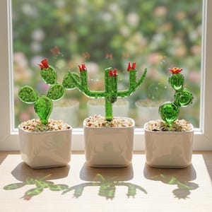 May include: Three glass cactus sculptures in white square pots sit on a wooden surface near a window. The cacti are green with red accents, and the pots are filled with small, light-coloured stones. The background is blurred, showing a view of greenery.