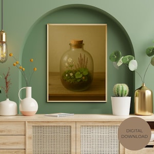 Scandinavian Terrarium Printable Art – Vintage Botanical Jar with Wildflowers & Forest Strawberry, Nordic Nature Wall Decor