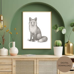 Ink Styled European Red Fox Art – Ink Illustration, Nordic Wildlife Wall Art, Rustic Forest Animal Decor
