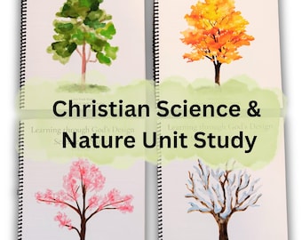 May include: Four spiral-bound books with watercolor illustrations of trees representing different seasons. The text on the covers reads "Learning through God's Design Science & Nature" and "Christian Science & Nature Unit Study."