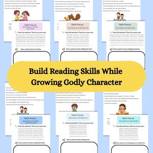 May include: Educational worksheets with stories about sharing, truth, and helping others. Each page includes a "Faith Focus" prompt, sentence tracing, and drawing space. The title reads "Build Reading Skills While Growing Godly Character."