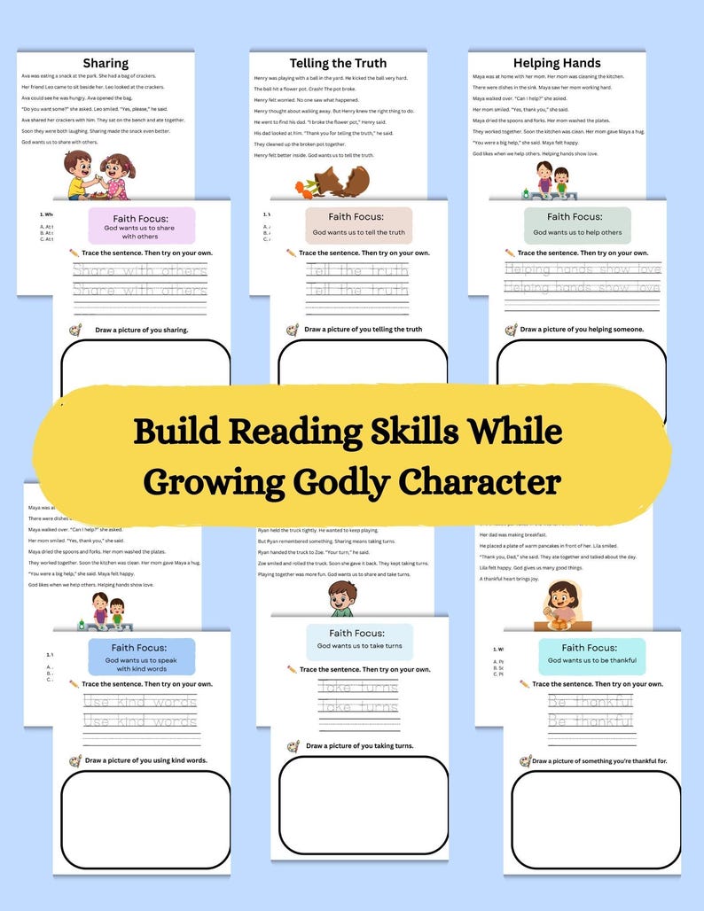 May include: Educational worksheets with stories about sharing, truth, and helping others. Each page includes a "Faith Focus" prompt, sentence tracing, and drawing space. The title reads "Build Reading Skills While Growing Godly Character."