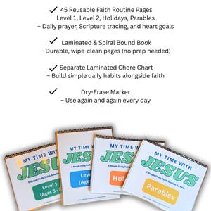 May include: A collection of spiral-bound books titled "My Time With Jesus" for kids, with different levels and topics like parables and holidays. The image also includes a list of included items: reusable faith routine pages, a chore chart, and a dry-erase marker.