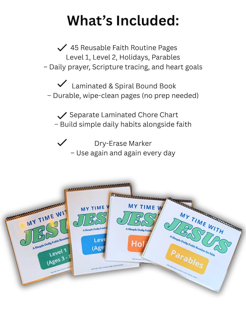 May include: A collection of spiral-bound books titled "My Time With Jesus" for kids, with different levels and topics like parables and holidays. The image also includes a list of included items: reusable faith routine pages, a chore chart, and a dry-erase marker.