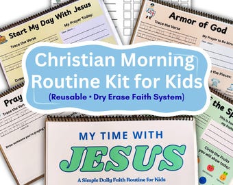 May include: A Christian Morning Routine Kit for Kids, featuring reusable dry erase pages. The kit includes workbooks with titles like "Start My Day With Jesus" and "My Time With Jesus," along with a weekly chore chart. The kit is designed for ages 3-8.