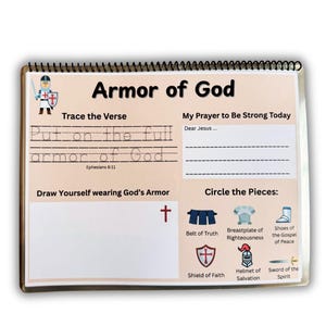 May include: Spiral-bound activity book titled "Armor of God." The cover features a cartoon knight and the text "Armor of God." Inside, there are prompts to trace a verse, write a prayer, draw, and circle armor pieces.