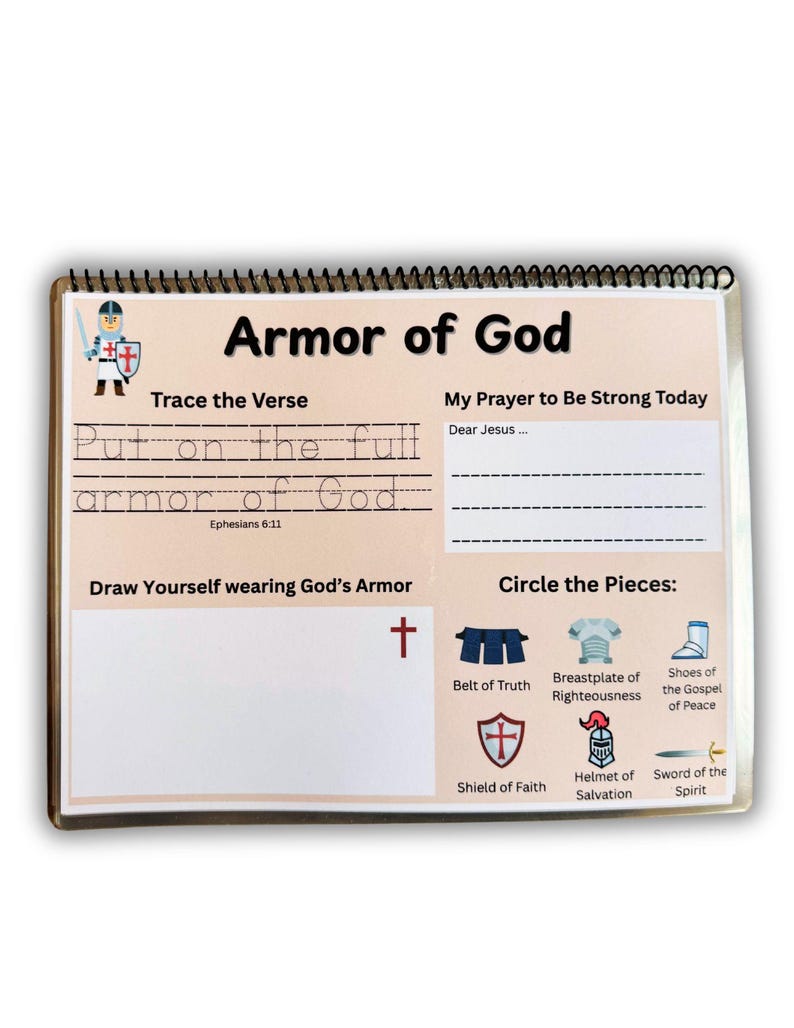 May include: Spiral-bound activity book titled "Armor of God." The cover features a cartoon knight and the text "Armor of God." Inside, there are prompts to trace a verse, write a prayer, draw, and circle armor pieces.
