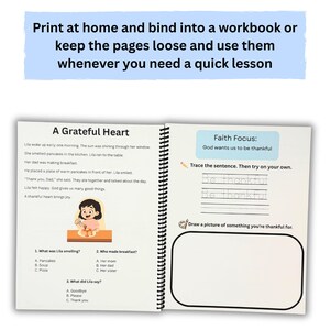 May include: Open spiral-bound workbook with the title "A Grateful Heart." The pages include a story, questions, and space to draw. Text at the top says, "Print at home and bind into a workbook or keep the pages loose and use them whenever you need a quick lesson."
