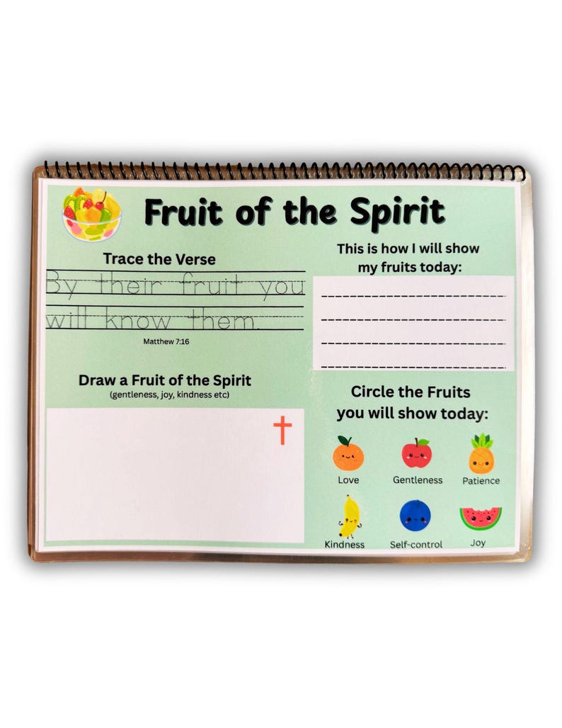 May include: A spiral-bound activity book with a green cover titled "Fruit of the Spirit." The book includes prompts to trace a verse, draw a fruit, and circle fruits like love, gentleness, and patience. The text "By their fruit you will know them" is visible.