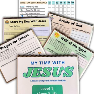 May include: A collection of children's faith-based activity books and a chore chart. The books feature titles like "My Time With Jesus" and "Start My Day With Jesus." The covers are white with green and blue text. The chore chart includes tasks like "Make My Bed."