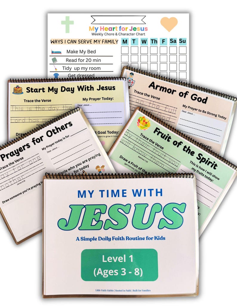 May include: A collection of children's faith-based activity books and a chore chart. The books feature titles like "My Time With Jesus" and "Start My Day With Jesus." The covers are white with green and blue text. The chore chart includes tasks like "Make My Bed."