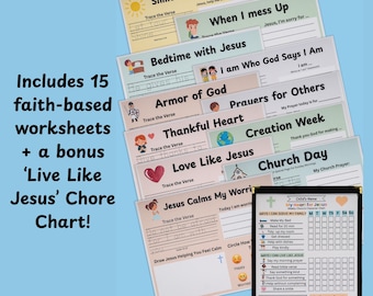 May include: A collection of 15 faith-based worksheets and a chore chart. The worksheets feature titles like "Shine Your Light," "Bedtime with Jesus," and "Thankful Heart." The chore chart is designed to help children serve their family and live like Jesus.