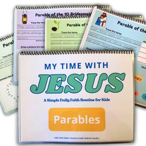 May include: A stack of spiral-bound workbooks titled "My Time With Jesus" with the word "Jesus" in large, green letters. The workbooks are for kids and feature the word "Parables" on the cover. Other workbooks are visible with text.