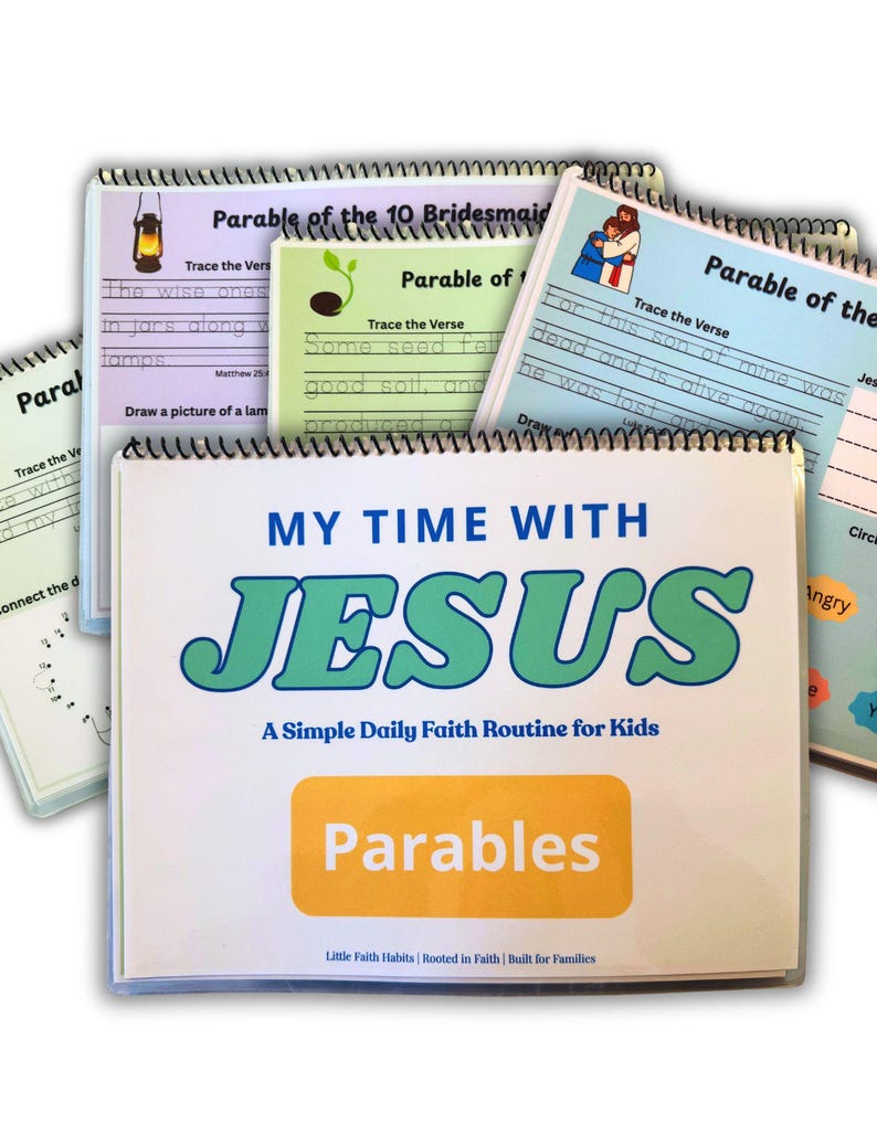 May include: A stack of spiral-bound workbooks titled "My Time With Jesus" with the word "Jesus" in large, green letters. The workbooks are for kids and feature the word "Parables" on the cover. Other workbooks are visible with text.
