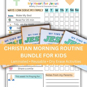 May include: A Christian morning routine bundle for kids, featuring a weekly chore and character chart. The chart includes spaces to track daily tasks and a section for notes. The bundle includes laminated, reusable, and dry-erase activities.