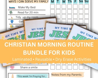 May include: A Christian morning routine bundle for kids, featuring a weekly chore and character chart. The chart includes spaces to track daily tasks and a section for notes. The bundle includes laminated, reusable, and dry-erase activities.