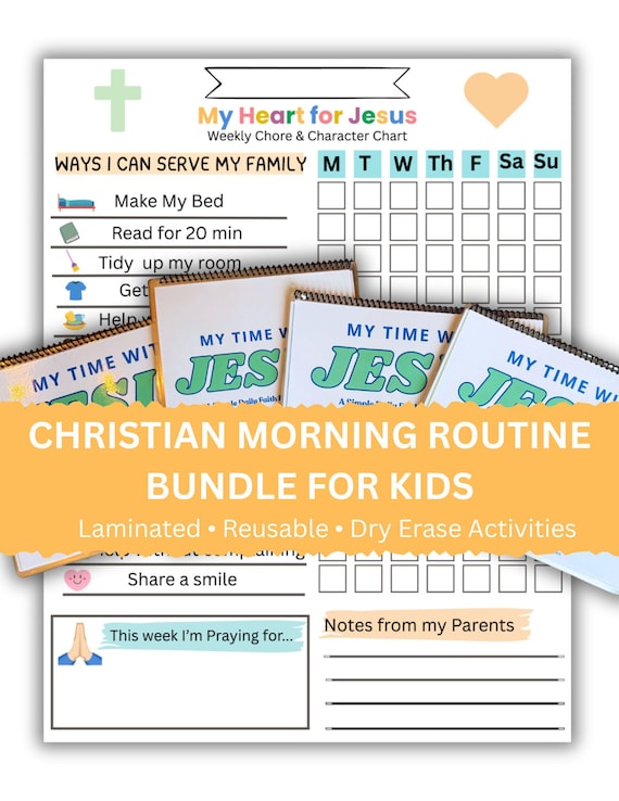 Christian Morning Routine Bundle for Kids | Laminated Faith Worksheets, Chore Chart (Ages 3-12)