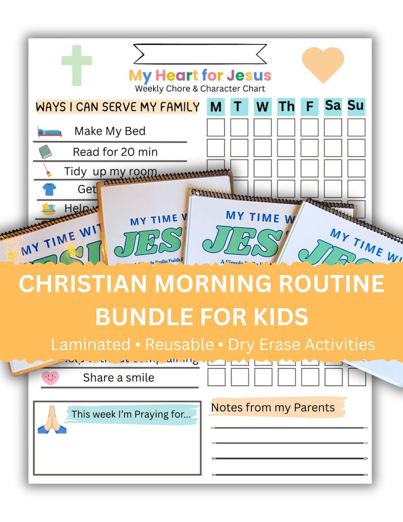 May include: A Christian morning routine bundle for kids, featuring a weekly chore and character chart. The chart includes spaces to track daily tasks and a section for notes. The bundle includes laminated, reusable, and dry-erase activities.