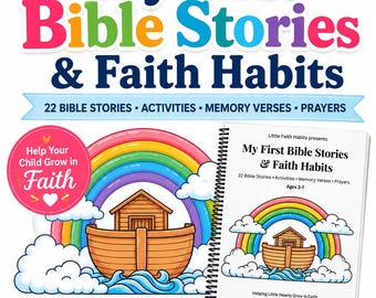 May include: A spiral-bound book titled My First Bible Stories & Faith Habits featuring a colorful illustration of a wooden ark under a rainbow. The cover includes text about 22 Bible stories, activities, memory verses, and prayers for ages 3-7.