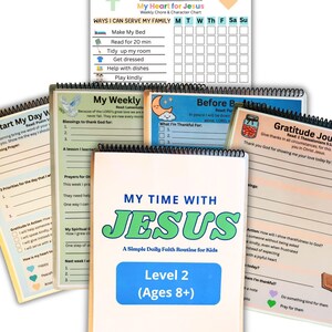 May include: A collection of spiral-bound journals and charts with religious themes. The main journal cover reads "My Time With Jesus" and "Level 2 (Ages 8+)". Other charts include "My Heart for Jesus" and "My Weekly".