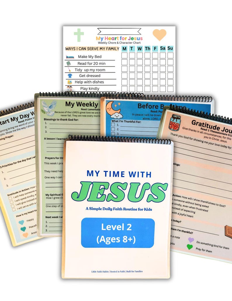 May include: A collection of spiral-bound journals and charts with religious themes. The main journal cover reads "My Time With Jesus" and "Level 2 (Ages 8+)". Other charts include "My Heart for Jesus" and "My Weekly".