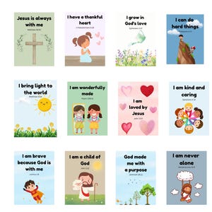 May include: Digital download of 12 affirmation cards. Each card displays a colourful illustration and a positive message, like "I am a child of God." The cards are designed for printing, with 4 cards per page.