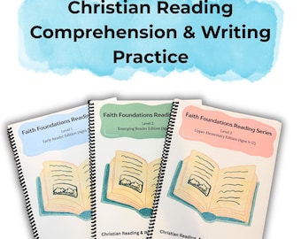 May include: Three spiral-bound books titled "Faith Foundations Reading" with different levels for early readers. The covers are pastel colors with an open book illustration. The top text reads "Christian Reading Comprehension & Writing Practice."