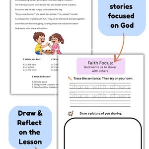 May include: A children's activity page with the title "Sharing" and a short story about sharing crackers. The page includes questions, a tracing exercise, and a space to draw a picture about sharing. The theme is focused on God.