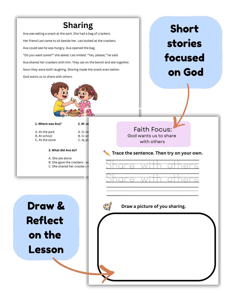 May include: A children's activity page with the title "Sharing" and a short story about sharing crackers. The page includes questions, a tracing exercise, and a space to draw a picture about sharing. The theme is focused on God.
