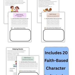 May include: A collection of educational worksheets with stories about sharing, telling the truth, and helping hands. The worksheets include tracing exercises and drawing prompts. A blue rectangle states "Includes 20 Faith-Based Character trait stories."