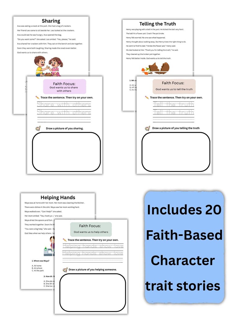 May include: A collection of educational worksheets with stories about sharing, telling the truth, and helping hands. The worksheets include tracing exercises and drawing prompts. A blue rectangle states "Includes 20 Faith-Based Character trait stories."