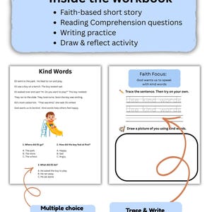 May include: A workbook page with the title "Inside the workbook" and bullet points listing activities. The page includes a short story, comprehension questions, writing practice, and a drawing activity. There are multiple choice questions and sentence tracing exercises.