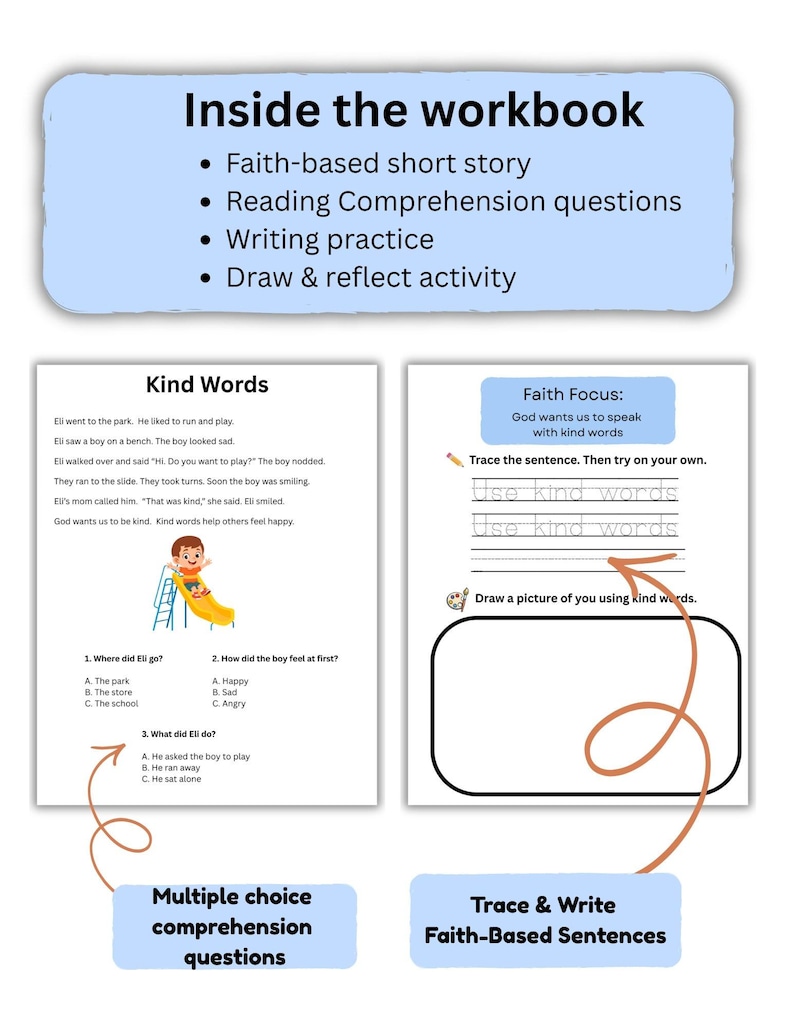 May include: A workbook page with the title "Inside the workbook" and bullet points listing activities. The page includes a short story, comprehension questions, writing practice, and a drawing activity. There are multiple choice questions and sentence tracing exercises.