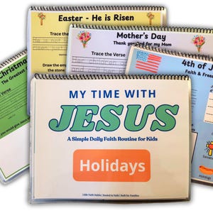 May include: A stack of spiral-bound activity books for kids. The cover of the front book reads "My Time With Jesus" and "Holidays." Other books are labeled "Easter - He is Risen," "Mother's Day," and "4th of July."