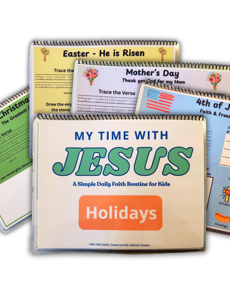 May include: A stack of spiral-bound activity books for kids. The cover of the front book reads "My Time With Jesus" and "Holidays." Other books are labeled "Easter - He is Risen," "Mother's Day," and "4th of July."