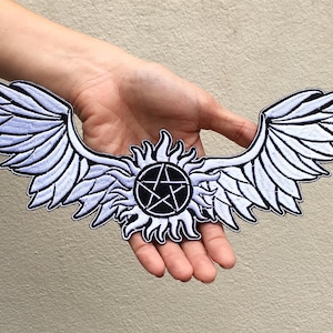 Stora vingar lapp (välj din färg) Pentagram övernaturlig anti-besittningssymbol broderade lappar stryk-på sy applikation