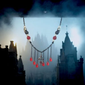 The Countess Bathory Necklace | Gothic Cross Pendant with Crimson Teardrop Beads (24&quot;)