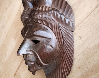 Guatemalan Hand Carved Mayan Ruler Mask Two Quetzal Birds Wood Wall Decor 10"