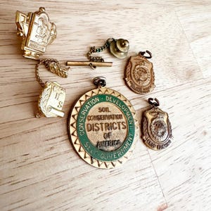 May include: A collection of gold-toned metal pins and pendants. One large circular pendant features green text reading SOIL CONSERVATION DISTRICTS OF AMERICA. Other pieces include shield-shaped pendants with eagle emblems and a tie bar with a chain.